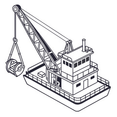 Illustration of a crane barge with a large boom lifting a heavy object in a clear isometric perspective © www