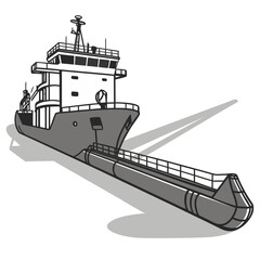 Illustration of a modern cargo ship with a long extended loading boom and a prominent bridge structure © www
