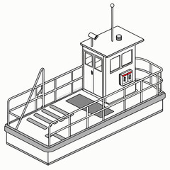 Isometric line drawing of a small utility boat with a cabin and railings isolated on a white background © www