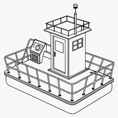 Simple outline illustration of a small utility boat with a cabin and railing on a white background © www