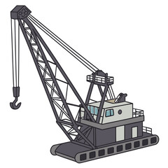 Illustration of a heavy duty industrial crawler crane with a large hook and boom against a white background © www