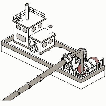 Illustration of a dredging barge with a pump and intake pipe for material extraction and transport
