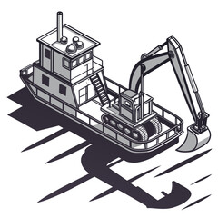 Isometric illustration of a construction barge equipped with an excavator for dredging and marine construction projects