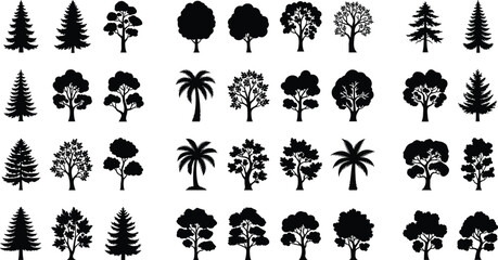 Tree silhouette collection, botanical vector icons, forest shape set, black foliage design, nature structure graphics, seasonal tree illustration pack