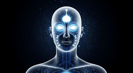Futuristic Digital Humanoid with Glowing Blue Lights and Circuitry.