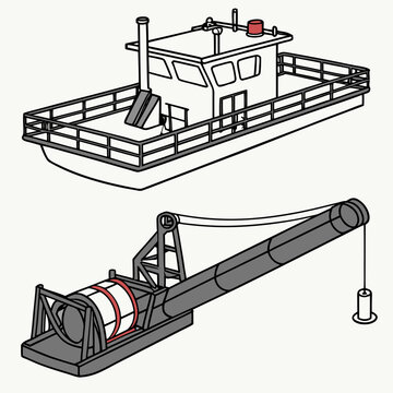 Illustration of a workboat and a heavy duty industrial crane with a cylindrical load on a white background