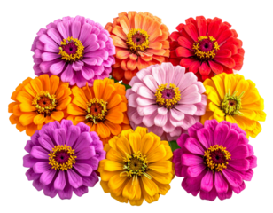  Bright multicolored zinnia cluster assorted garden blooms isolated on transparent background PNG