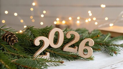 Wooden 2026 Numbers with Fir Branches and Sparkling Lights - 8