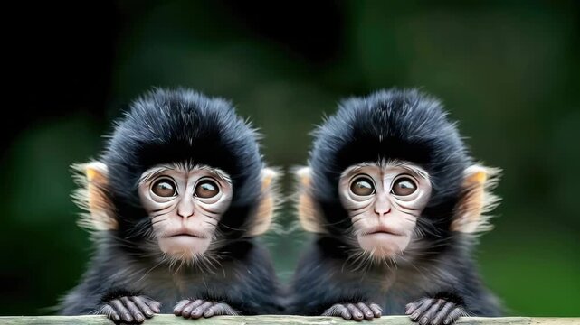 Two young monkeys exhibit adorable behaviors, showcasing their curiosity and lively nature in a vibrant outdoor setting