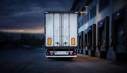Naklejka premium White truck trailer backed up to multiple loading docks at a dimly lit warehouse at dusk, concept for logistics, shipping and supply chain.