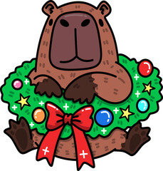 Capybara with Christmas Wreath Cartoon