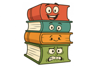 Stack of cartoon books with different emotional expressions feeling stress, joy, and neutrality from learning educational material