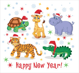Christmas African jungle animals in a Santa hat, turtle, giraffe, hippopotamus, tiger, crocodile. Funny new year characters, cute animals, holiday mascot, Santa team, vector cartoon flat isolated set