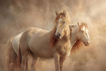 Obraz premium Two beautiful horses with flowing manes are standing closely together.