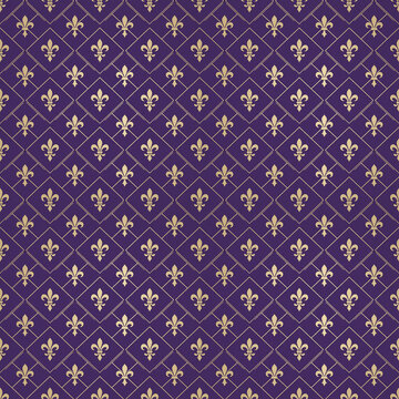 Seamless pattern of golden fleur de lis heraldic symbols on royal purple diamond grid background. Luxury texture for Mardi Gras or French history style.