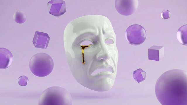 Luxury 3D carnival mask with colorful feathers and gold glitter isolated on transparent background. Realistic volumetric Venetian masquerade accessory for holiday party invitation