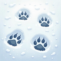 Animal paw prints in fresh snow with soft blue background  