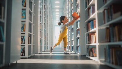 Young cartoon girl reaching for a book on a tall shelf in a bright library, concept for education, childhood literacy and learning