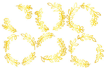 金色の葉っぱフレームセット｜ボタニカル装飾のエレガント線画