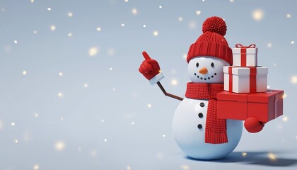 A cheerful 3D snowman character pointing and holding festive red gift boxes in a magical snowy bokeh background, concept for Christmas, holiday marketing and winter sales