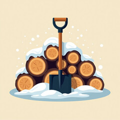 Pile of firewood with snow and shovel on light background  