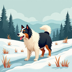 Dog standing in snowy landscape with pine trees and hills  