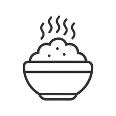 A simple line art icon depicting a bowl filled with steaming rice, indicating warmth and freshness.