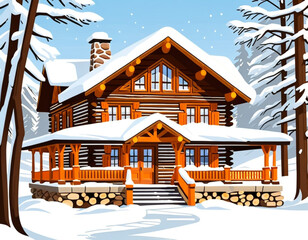 Cozy wooden cabin surrounded by snow-covered trees in winter  