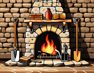 Cozy fireplace with tools and warm flames in rustic setting  