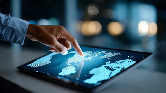 A close up of a hand pointing at a glowing digital map on a tablet, representing innovation and worldwide communication. The scene conveys futuristic business and tech concepts