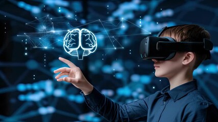 Young user engages with virtual reality to explore brain simulations and advanced learning tools in a tech-filled environment