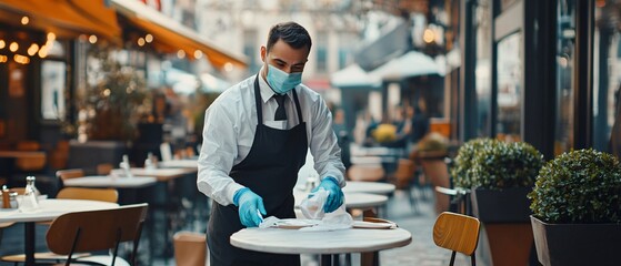 Professional waiter in protective gear serving