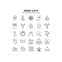 Christmas line icon set. Winter holiday vector collection. Minimalist black outline symbols isolated on white background. New Year linear signs including Santa, gifts, and decorations.