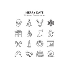 Fototapeta premium Christmas line icon set. Winter holiday vector collection. Minimalist black outline symbols isolated on white background. New Year linear signs including Santa, gifts, and decorations.