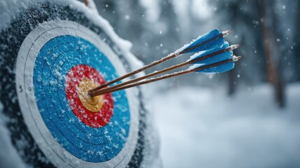 Archery target in snowy mountains with an arrow hitting the center, symbolizing precision, winter goals, focus, determination, and achievement in a cold outdoor landscape