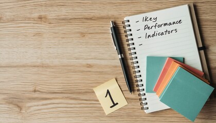 Spiral notebook displaying "Key Performance Indicators" with a pen and colorful sticky notes on a light wooden desk, concept for business strategy, goal setting, and performance management.