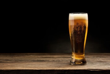 Tall glass of golden beer with creamy foam and lively rising bubbles on rustic wood against a deep black background, ideal for bar menus, drink promotions, and beverage branding visuals