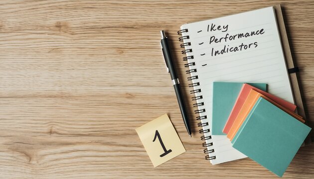 Spiral notebook displaying "Key Performance Indicators" with a pen and colorful sticky notes on a light wooden desk, concept for business strategy, goal setting, and performance management.