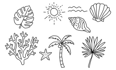 Tropical Beach Line Art – Palm Tree, Seashell, Coral, Starfish & Summer Doodle Set
