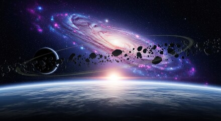 A vibrant galaxy with a planet and asteroids in the foreground, set against a starry backdrop.