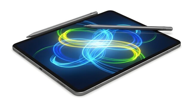 A modern tablet with a stylus, featuring a glowing abstract design on the screen