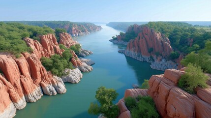 Sunny canyon landscape with red rocky cliffs and calm blue water under clear sky viewed from elevated perspective Concept of serene natural beauty