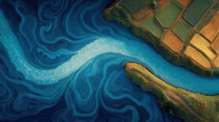 Stylized aerial view of a blue swirling river flowing through geometric fields in rich contrasting colors Concept of artistic topographic abstraction