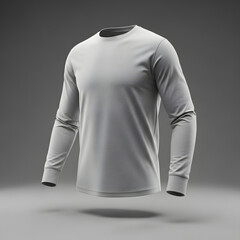 Realistic floating grey long-sleeved t-shirt on a studio background. Blank apparel template for clothing branding and design mock up