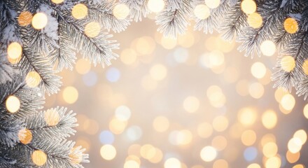Christmas tree branches with snow and fairy lights against a golden background.