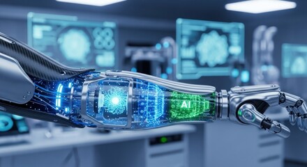 A robotic arm with a glowing AI interface in a futuristic laboratory.