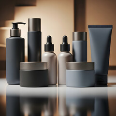 Elegant collection of minimalist cosmetic and skincare product packaging arranged in a sophisticated studio setting, ideal for brand presentation, beauty mockups, and commercial advertising