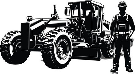 Motor grader illustration, construction worker, heavy equipment, road grading, industrial scene, black and white vector, engineering concept, silhouette art