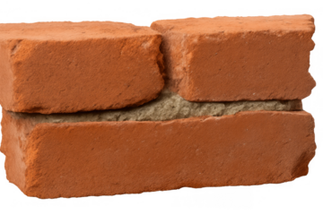 Red brick wall structure with mortar, building background, construction element, architecture detail on transparent background