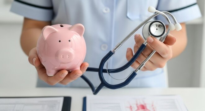 A nurse holding a piggy bank and a stethoscope. - Powered by Adobe